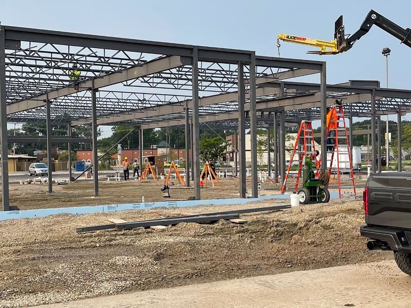 Commercial construction site with steel framing
